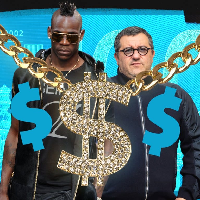 Bild-Montage mit Spielerberater Mino Raiola, Fußballer Mario Balotelli und Dollarzeichen