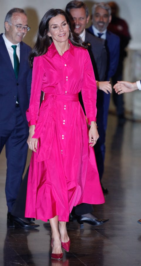 Königin Letizia von Spanien trägt ein knallpinkes Kleid und fällt damit unter dunklen Anzugträgern auf. Auch die Schuhe die spitzen Pumps sind pink.