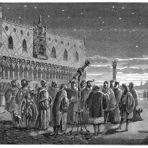Galileo Galilei (1564-1642) bei der Demonstration seines Fernrohrs, Venedig, 1609