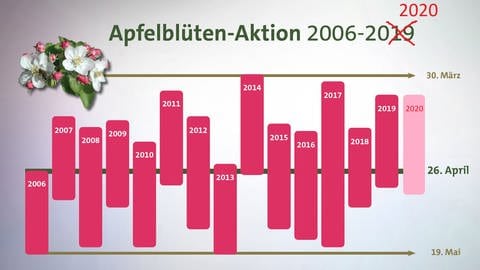 Balkendiagramm der Hauptblühzeit der Apfelbäume in Deutschland in den Jahren 2006 bis 2020