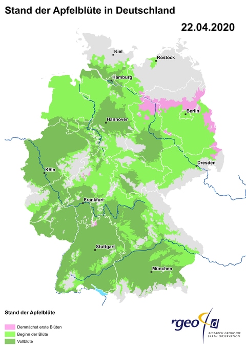 Landkarte der Ausbreitung der Apfelblüte in Deutschland am 22. April 2020