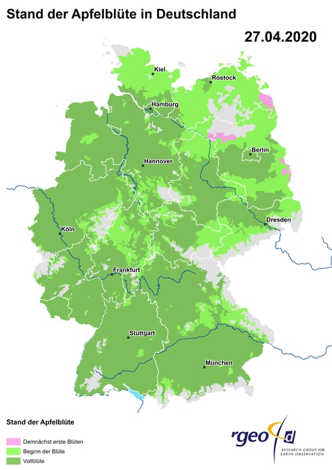 Landkarte der Ausbreitung der Apfelblüte in Deutschland am 27. April 2020