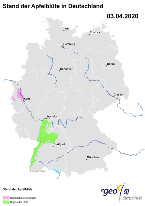 Landkarte der Apfelblüte in Deutschland am 3. April 2020