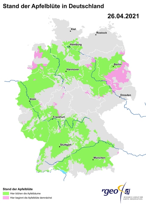 Landkarte der Ausbreitung der Apfelblüte in Deutschland am 26. April 2021