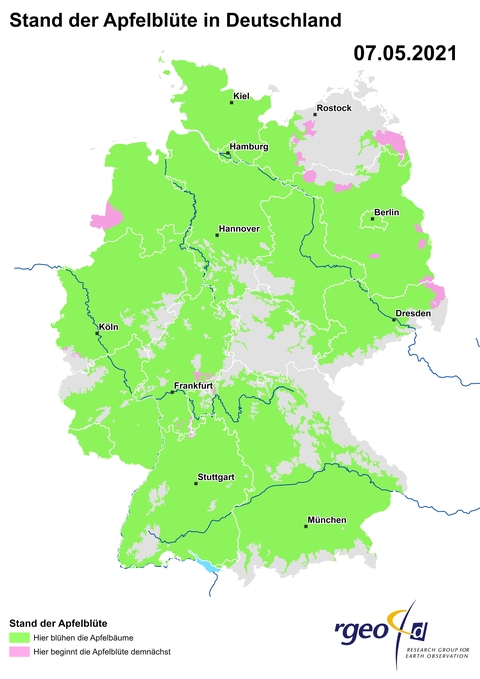 Landkarte der Ausbreitung der Apfelblüte in Deutschland am 7. Mai 2021