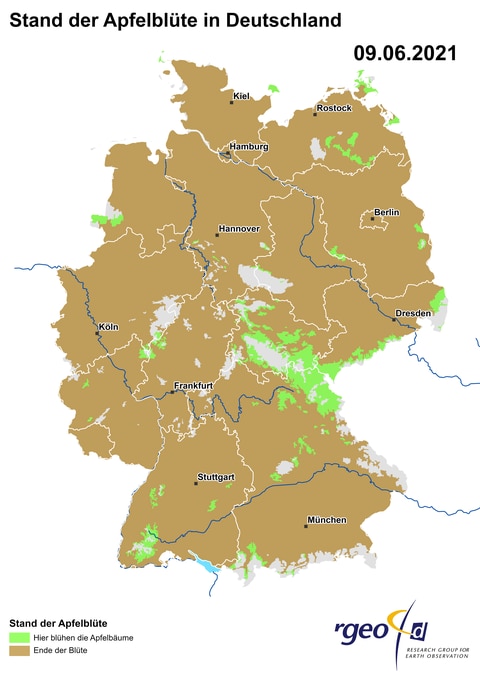 Landkarte der Ausbreitung der Apfelbluete in Deutschland am 9. Juni 2021