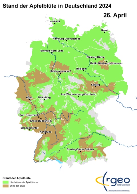 Landkarte der Apfelblüte in Deutschland am 26. April 2024